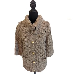 Juicy Couture Tan Wool Cardigan Sweater with Gold Dome Buttons. Size Small